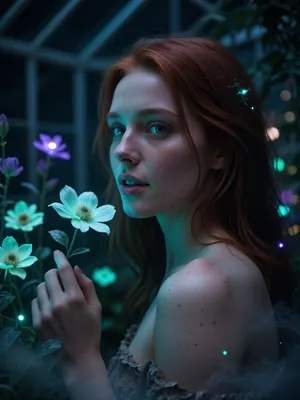 Ultra detailed depiction, extreme close-up composition, sharp focus on her face. A professional cinematic still of a beautiful fantasy redhead woman with pale skin, standing inside a dimly lit greenhouse filled with bioluminescent flowers. Her skin is smooth and cool-toned, with a faint natural sheen. Her eyes are a striking deep green, reflecting the soft glow of the plants around her. Her expression is calm and curious, a gentle smile on her lips as she looks toward one of the glowing flowers near her hand. Her dark hair falls loosely around her shoulders, catching small points of glowing light. Around her, the greenhouse is filled with fantastical flora, glowing flowers in shades of teal, violet, and soft green, casting gentle ambient light through the dim space. Wisps of soft mist drift low along the ground. The overall lighting is dark and moody, lit primarily by the glowing plants themselves, creating dramatic contrast between deep shadow and vivid glowing color. The color palette is dominated by deep blues, teals, and glowing violet accents. Shallow depth of field, soft bokeh background, over-detailed cinematic photography, masterpiece, epic detail, sharp facial details, photorealistic render.