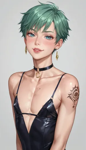 portrait showing, At 24 years old Krowly is one tall greenhaired boy, he is youthful and his short hair is dark emerald-green and shines. Krowly has a long lean torso and a slender skinny bodyshape. Krowly is unexperienced and has no clue that girls adore his androgynous grace, males adore his female beauty and innocent aura. Very full bimbolips, shy smirk. Very female face on his male body. pearl earring, long frenchnails close_up_detailed_shot_of1, majalis, 1girl, 1boy, futanari, femboy, hiro, trudy, kylira, ..., see, more, in, metadata, <lora:majalis_style_sdxl:.8>, tattoo, neck, <lora:Long Neck - Elegance in Ink:.8>