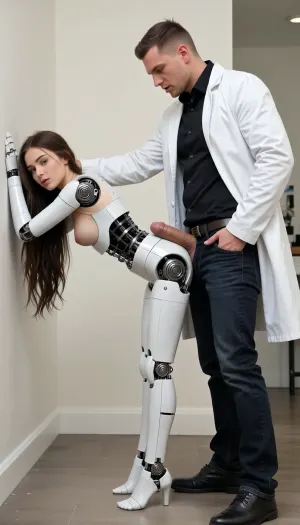 ((One robot girl, robot face, robot body, naked, white skin, long hair, jointed waist, jointed limbs, bent over, arching back, hands on the wall, tiptoe, hanging breasts)), one human man, long white coat, black dress shirt, dark jeans, fucking the girl, standing doggy style sex, massive cock, waist grab, view from side