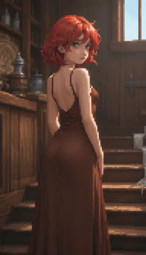 (Pixel art:1.5), stylized as a tired, Pale Ceta, twenty‑year‑old girl, Shoulder‑length hair red hair, green eyes, a round butt, small breasts, (A long dress), (a brown dress), (a medieval dress), in a tavern.

Rear view, (climbs the wooden staircase), .

Retro‑style pixel aesthetic, soft halftone shades, bright colours — sprite style inspired by 16‑bit graphics, pixel art., <lora:pk_trainer_xl_v1:.8>, <lora:pixel-art-xl-v1.1:1.9>