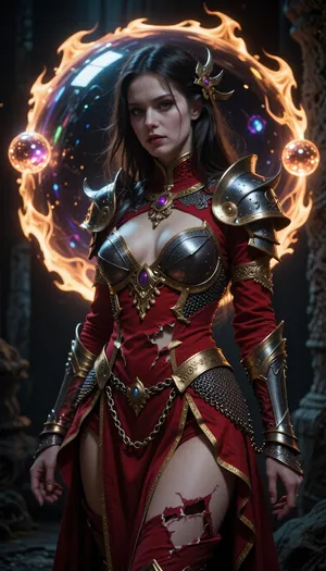 drkfnts style, fantasy mythical very beautiful woman, orb is surrounded by glowing aura like flame, also orb is curved with glowing magical orbs, she is wearing ornate but torn and deformed red dress with golden edges and damaged chainmail armor over dress, dark and eerie atmosphere, chromatic aberration and film grain, dark fantasy