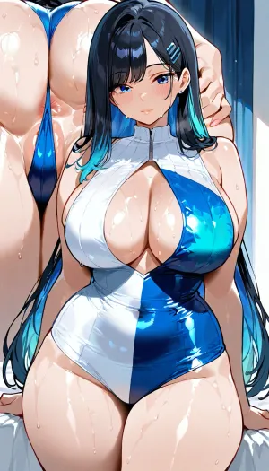 Two Beautiful womans, long black hair long blue peekaboo highlights, split dye, sapphire blue eyes, large breasts, curvy figure, voluptuous body, sweet pose, upper body shot, mini clothes, aesthetic background, highly detailed face, masterpiece, spread ass, close-up view