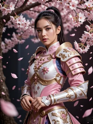 A masterpiece, a medium-shot portrait, with the highest level of detail, depicting a dazzlingly beautiful female warrior, flawless, smooth skin, expressive eyes, she wears exquisite high-fashion armor with elements of samurai armor, in pastel pink and white-and-gold tones, an elegant pose, the heroine stands beneath a blossoming pale-pink cherry blossom tree, surrounded by a whirlwind of petals swirling through the air, a soft, romantic, high-fashion atmosphere, a sublime and atmospheric setting, high resolution, photorealistic studio lighting.