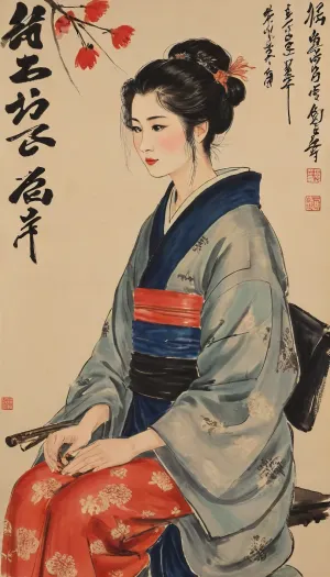 traditional Japanese ukiyo-e woodblock print from the early 19th century, depicting a beautiful Japanese woman, (bijin-ga), wearing an intricate, patterned silk kimono. Flat colors, bold calligraphic black outlines, traditional Edo period hairstyle, delicate facial features, vintage washi paper texture, highly artistic, ukiyo-e masterpiece., baishi, style, of, Qi, Baishi, <lora:baishi_xl_0_-000004:2>, <lora:tbh170-sdxl:2>