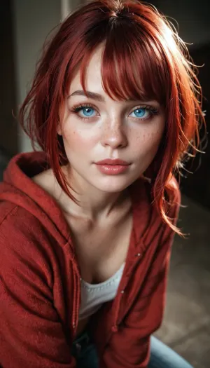 Ultra-photorealistic close-up of a beautiful 23-year-old woman with long, messy copper-red hair, wispy bangs, pale skin, delicate freckles across her nose and cheeks, large icy blue eyes, long eyelashes, glossy pink lips slightly parted. Petite, slim figure, wearing a red knitted hoodie over a white low-cut top. Leaning forward toward the camera, intense direct eye contact. High camera angle, moody cinematic lighting, dark blurred background, realistic skin pores, shallow depth of field, 8K.