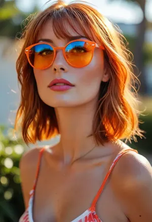 smooth rendering, outdoor, artistic, low angle, portrait, 40 yo, striking belle female with a vibrant fiery-orange long bob and straight bangs, striking blue eyes with dramatic winged eyeliner, red lips, blemishes, deep shadows across her face, wearing a loose tank top, pink sunglasses resting on her head, touching her cheek, soft focus, bokeh background with a white wall, natural light, gentle shadows, warm, intimate, alluring., warm golden sunlight, natural radiant glow on skin, vibrant natural colors, warm tones, natural beauty, /KlTTY-ART/, <lora:COMFYUI_mimic_landscape_-_XL_SDXL v2.0:.5>, <lora:attractive_notrigger:.1>, <lora:MJ52:.1>