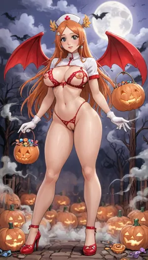 (innv meets jack cayless style), (reiq style, masterpiece, cel-shaded, limited color palette), (((beautiful perfect sexy Inoue Orihime from Bleach anime body:1.5))), (1girl, solo, alone, 18 year old woman), ((big curves anime body)), (big curves anime body), (gorgeous, seductive face, long hair, perfect ads, perfect big breast, muscles body, muscles arms, perfect hands, muscles legs, perfect big ass, hard puffy nipples, pubic hair, perfect puffy wet pussy, sweaty body), (((tight white red laced sexy Halloween underwear bra see throw), (tight white red laced sexy Halloween underwear panties crotchless), (Nurse hat), (angels wings), (Nurse gloves), (tight lagging), (Nurse Halloween high heel shoes))), (hand holding a Halloween Candy bucket), (standing doing trick or treat pose), (Halloween Candy, ghost, jack o lanterns pumpkins, candy, blood, moon, nighttime, steam, wood, smoke, Halloween background), ultraviolet light, LoL, Style, cute, doodle, 1girl, orange, hair, ornament, breast, <lora:LCMTurboMix_Euler_A_fix:2>, <lora:FF-Halloween-Full:2>, <lora:cutedoodle_XL-000012:2>, <lora:cartoon_stickers_xl_v1:2>, <lora:Inoue:2>