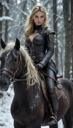 Full body picture, picture of her hole body, She looks proud, her presence both awe-inspiring and dangerous. Her skin is pale as moonlit snow, kissed faintly by the cold winds of the northern wastes., ((she is sitting on a horse, riding on a horse)), ((She is in a wild ride on a beautiful pitch black horse, the horse is running wild along a small trail)), Cascading down her back in wild, tangled waves is a mane of wavey dark dirty-blonde hair, streaked with silvery tones like threads of ice. Her eyes are breautiful brown, intelligent, and edged with the feral cunning of a huntress born to the frostbitten wilds.

Her beauty is raw and untamed, sculpted by hardship and war. High cheekbones, a strong jawline, and full lips give her a regal, almost ethereal quality, while the faint scars tracing her collarbone and ribs hint at countless battles survived. Muscled, her figure is that of a warrior goddess—broad-shouldered, with powerful legs, wearing loincloth and minimal fur and very little red leather armor, deep cleavage, and bone trophies taken from the beasts and men she's slain.

Around her neck hangs a talisman of an elder god, and her arms bear bronze armbands inscribed with symbols of forgotten tribes.

She looks like a predator—graceful, silent, coiled with explosive power. She is a storm wrapped in flesh, an iceborn flame burning through the dark age of Hyboria., (shortstack:1.13), (muscular), realistic detailed face, realistic detailed hair, realistic detailed body, realistic detailed skin, realistic detailed breasts, A-cup, realistic detailed pussy, dynamic view, dynamic view angle, dynamic action pose, realistic black horse, running horse, horse, detailxl, hkstyle, RiHorse, front_view, half_front_view, side_view, galloping, <lora:add-detail-xl:1.5>, <lora:hkstyleV5:.8>, <lora:style_lora_realis:.5>, <lora:Stacked_Shortstacks_-_SDXL-000009:1.3>, <lora:RideHorse.0.9:.8>
