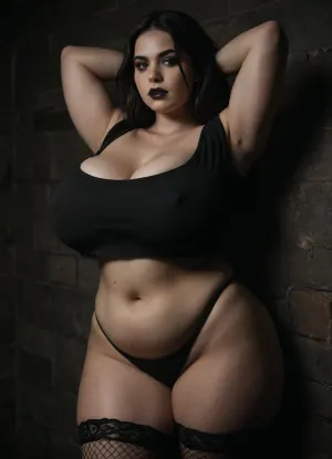 1girl, plump German, 35 years old, Chubby face, Green eyes, pale skin, two long black hair, gothic style, goth makeup, eyeliner, black lipstick, (Big round soft belly:1.15), (plump:1.15), Visible tummy, thick soft rolls, thick thighs, gigantic breasts, Piercings, pierced nipples, Ring Piercings, huge cleavage, real Skin, boobs out, (waist bodice:1.3), mesh stockings, legs slightly Open, Arms behind Head, leaning at an old brick wall, Fetish basement, Fetish Dungeon, candid amateur photo, detail, rating_explicit, shot on kodak, 35mm photo, Amateur budget, moody, gorgeous, film grain, grainy, score_9, score_8_up, score_7_up, rating, explicit, direct flash, (low light photo:1.2), stretch, marks, <lora:dark:1>, <lora:stretch_marks:1.1>, <lora:Velvet_Clothes:1.1>