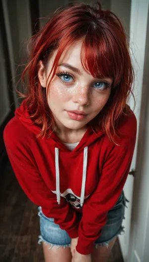 Ultra-photorealistic full body of a beautiful 23-year-old woman with long, messy copper-red hair, wispy bangs, pale skin, delicate freckles across her nose and cheeks, large icy blue eyes, long eyelashes, glossy pink lips slightly parted. Petite, slim figure, wearing a red knitted hoodie over a white low-cut top. Leaning forward toward the camera, intense direct eye contact. High camera angle, moody cinematic lighting, dark blurred background, realistic skin pores, shallow depth of field, 8K.