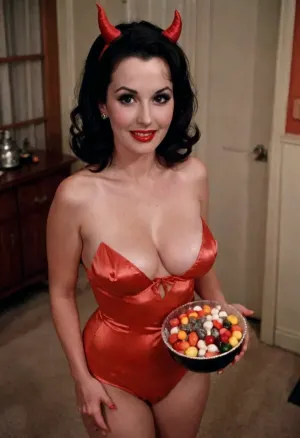 (View from above:1.7), (zoom in:1.3), (retro analog photo), (realistic vintage:1.5), 1950s, on Halloween night a gorgeous mom stands in front of her house holding a bowl filled with candy for trick-or-treaters, shadows, nighttime, (outside in front of a suburban house decorated for Halloween in the 1950s:1.1), (close view:1.3), grainy photo, 45 years old, 1950s hairdo and makeup, black hair, beautiful, (wearing a scandalously sexy devil costume with cleavage), (cleavage, semitransparent, showing leg), pokies, (holding a candy bowl), big sexy smile, eye contact, lipstick, long eyelashes, mascara, eyeliner, earrings, huge huge breasts, wedding ring, incredibly enormous wide areolae, big puffy erect nipples, (view from waist up), Radiant, Darkness, retro, vintage, 8mm, 1960s, Film, Grain, FilmGrainAF, large, <lora:style_lora_realis:2>, <lora:Radiant_Darkness:.9>, <lora:retro vintage 8mm SDXL Lora:1.5>, <lora:FilmGrainRedmond-FilmGrain-FilmGrainAF:1.3>