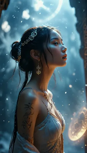 (Dark Fantasy Artwork), artistic, low angle, side view, 18 yo, belle Asian female, exposed breasts, ancient circular runic emblem, glowing white runes, inscribed on a mystical dark celestial background, floating in a cosmic void, surrounded by swirling ethereal nebula clouds and light dust particles, soft volumetric lighting, mysterious atmosphere, germanic mythology aesthetic, intricate runic carvings, glowing white light, dark mood, deep shadows, high contrast, ethereal, Asian female, mystery, mystical fog, natural beauty, Khaba_Babes, <lora:COMFYUI_mimic_landscape_-_XL_SDXL v2.0:.1>, <lora:MJ52:.1>