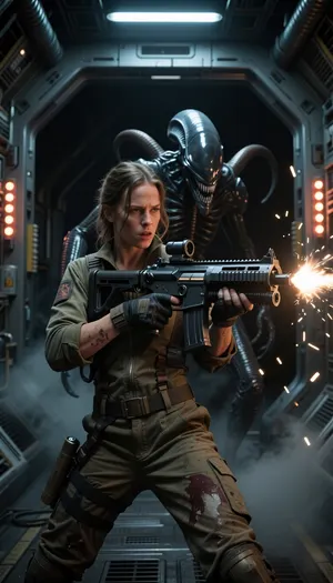 An epic wide-angle cinematic shot, taken from a three-quarter angle, (from the knees upwards), featuring two characters. A brave woman from the film *Alien*, dressed in a dusty jumpsuit, holds a heavy, futuristic pulse rifle in her hands, assuming a defensive combat stance. Behind her, emerging from the dark shadows of the spaceship’s metallic corridor, appears a huge, terrifying Xenomorph creature with a long, shiny, elongated head. The aesthetics of the shot are characterised by industrial retrofuturism, flashing emergency strobe lights, sparks, dark shadows, thick fog, a high-contrast, dynamic composition, and 8K resolution.