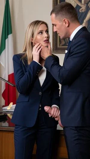 1woman, lady, (italian prime minister), politician premier, minister suit, (((Giorgia Meloni))), standing sensually, in her office, (she’s jerking his cock off), (passionate handjob), 1man standing, big cock stand out treasure, swollen cock, elegant man, caressing her cheeks, Italian flag in background 🇮🇹, intimate scene
