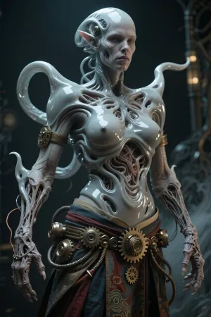A work of artistic science-fiction photography depicting a majestic alien goddess with ultra-smooth, flowing contours, her body transitions into whirlwind-like, floating limbs, detached limbs, mutations, mutated hands, rough skin, a rough texture, wrinkles, sharp edges, mechanical cogs, wires, steampunk, a realistic human figure, and traditional clothing.