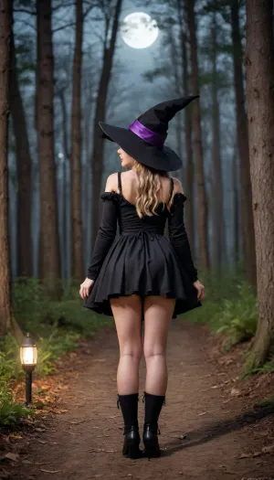 Jack cayless art style, young cute girl seen from behind, view from behind, face unseen, only behind of her back, open legs, twin braids, virgin asshole, focus on Tiny butt, vaginal creampie, girl riding viewer, wearing a witch cosplay, witch hat, at haunted forrest, night, full moon, witch spell, laughing, girl, cute, chibi, witch, spell, <lora:Halloween_Series_Cute_Witch:.8>