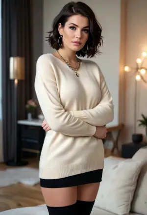 (masterpiece, best quality:1.2), 1 french 30yo woman, attractive curvy singer with a voluptuous bust and big booty, (she wears a cream colored long cashmere sweater, long black skirt:1.4), accompanies a band in a studio, short pink hair, (modern styled with jewelry, earrings, bangles, necklaces:1.4), bright blue eyes, photorealism, <lora:style_lora_realis:.5>, <lora:b43c577fab683f20a21ff456e903b9ba:.7>
