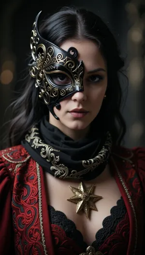imagine a dark fantasy of a mysterious beautiful, alluring woman figure wearing an elaborate black half mask covering the left side of her perfect face with intricate gold filigree designs, ancient arcane symbols etched into the surface, worn and weathered like an ancient relic, hollow black eyes giving an ominous, enigmatic stare – richly embroidered red ceremonial robe with intricate patterns, adorned with a luxurious black scarf with detailed embroidery – golden star-shaped brooch on the chest for a touch of regal elegance – soft, blurred background with a dark, shadowy ambiance – highly detailed, gothic, ethereal, mystical atmosphere, dramatic lighting, cinematic style – 4K ultra-realistic – surreal, haunting, full body