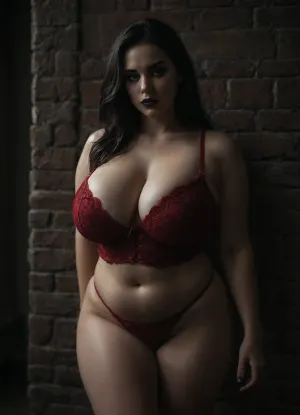 1girl, plump German, 35 years old, Chubby face, Green eyes, pale skin, two long black hair, gothic style, goth makeup, eyeliner, black lipstick, (Big round soft belly:1.15), (plump:1.15), thick soft rolls, thick thighs, gigantic breasts, Piercings, belly button piercing, huge cleavage, real Skin, red Lingerie, legs slightly Open, leaning at an old brick wall, Fetish basement, Fetish Dungeon, candid amateur photo, detail, rating_explicit, shot on kodak, 35mm photo, Amateur budget, moody, gorgeous, film grain, grainy, score_9, score_8_up, score_7_up, rating, explicit, direct flash, (low light photo:1.2), red Garterbelt, floral, embroidery, garterbelt, iron, chains, <lora:dark:1.1>, <lora:GarterbeltXL:1.8>