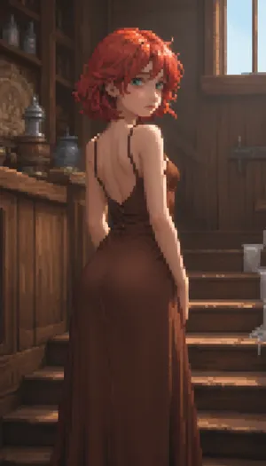 (Pixel art:1.5), stylized as a tired, Pale Ceta, twenty‑year‑old girl, Shoulder‑length hair red hair, green eyes, a round butt, small breasts, (A long dress), (a brown dress), (a medieval dress), in a tavern.

Rear view, (climbs the wooden staircase), .

Retro‑style pixel aesthetic, soft halftone shades, bright colours — sprite style inspired by 16‑bit graphics, pixel art., <lora:pk_trainer_xl_v1:.8>, <lora:pixel-art-xl-v1.1:1.9>