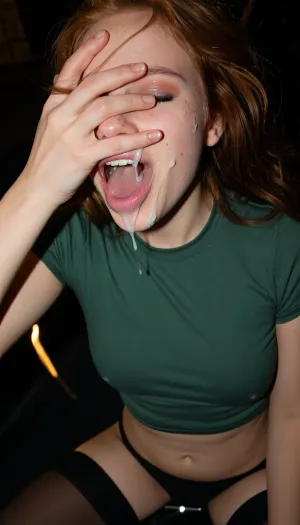Upper 3/4 body portrait, (extreme skinny Dutch girl, messy long ginger hair, very bony girl, skintight dark green track shirt, mouth open), (mouth full of cum, cum dangling from nose and chin, her fingers are smearing cum in eyes and forehead:1.5), cum in mouth, fingers playing with cum, smeared makeup, hair swinging in air, hair on face, night, dark, drunk, rowdy, flash photo, motion blur, skintight black thin lowwaisted leggings, amateur snapshot, heavy dutch angle, violent light trails, chaotic long-exposure motion, realistic white skin with flaws, burned highlights, extreme closeup, viewed from above, viewer above her, ISO 800 film grain, face partly cropped out from view