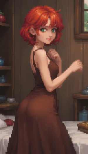 (Pixel art:1.5), stylized as a tired, twenty‑year‑old girl, Shoulder‑length hair red hair, green eyes, a round butt, small breasts, (A long dress:1.3), (a brown dress), (a medieval dress), smiling, A sweet face, in a tavern.


A room, a wooden bed.

Retro‑style pixel aesthetic, soft halftone shades, bright colours — sprite style inspired by 16‑bit graphics, pixel art., Pixel, Art, PixArFK, <lora:pk_trainer_xl_v1:1>, <lora:pixel-art-xl-v1.1:1.3>, <lora:PixelArtRedmond-Lite64:1>
