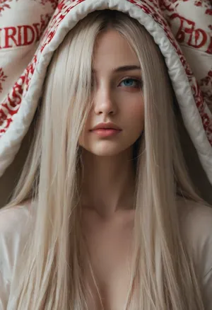 A 30‑year‑old woman, blue eyes, bold makeup, very long bangs, straight hair, (((long hair covers half the face, one eye is hidden under the hair:1.7))), .