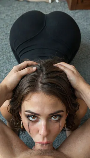 slim face, brunette, brown eyes, freckles, jewelry, earrings, banks haircut, ass up, yoga pants, mouthfuck, fucked in her open mouth, (deepthroat:1.5), man’s hand on the back of her head, looking up with, (tears in her eyes:1.4), (ruined makeup:1.2), happy expression, pov, <lora:style_lora_realis:.8>, <lora:potrait-woman-v2:.8>, <lora:detailed_notrigger:.8>