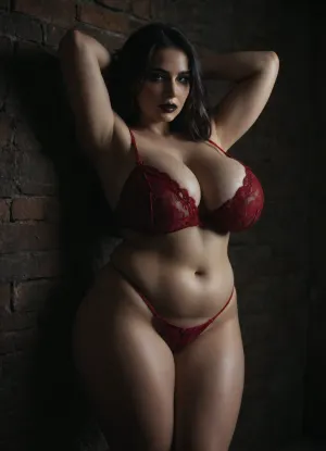 1girl, plump German, 35 years old, Chubby face, Green eyes, pale skin, two long black hair, gothic style, goth makeup, eyeliner, black lipstick, (Big round soft belly:1.15), (plump:1.15), thick soft rolls, thick thighs, gigantic breasts, Piercings, belly button piercing, huge cleavage, real Skin, red Lingerie, legs slightly Open, Arms behind Head, leaning at an old brick wall, Fetish basement, Fetish Dungeon, candid amateur photo, detail, rating_explicit, shot on kodak, 35mm photo, Amateur budget, moody, gorgeous, film grain, grainy, score_9, score_8_up, score_7_up, rating, explicit, direct flash, (low light photo:1.2), stretch, marks, red Garterbelt, floral, embroidery, garterbelt, iron, chains, <lora:dark:1.1>, <lora:stretch_marks:1.1>, <lora:GarterbeltXL:1>