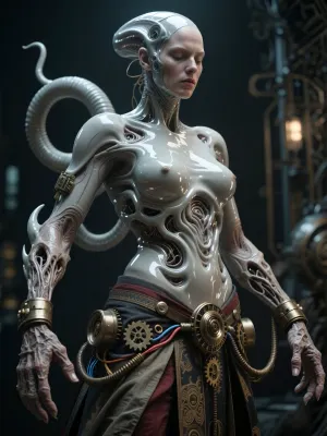 A work of artistic science-fiction photography depicting a majestic alien goddess with ultra-smooth, flowing contours, her body transitions into whirlwind-like, floating limbs, detached limbs, mutations, mutated hands, rough skin, a rough texture, wrinkles, sharp edges, mechanical cogs, wires, steampunk, a realistic human figure, and traditional clothing.