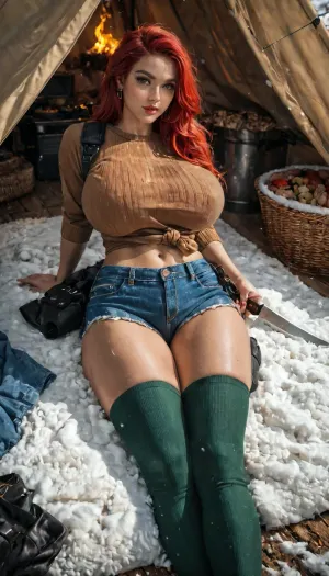 masterpiece, 1girl, solo, red haired, godess, georgeous, big breasts, tent, outside, snow, squeezing, tits, long hair, hourglass, beautiful, survival, lingerie, squeeze, touching, round ass, camping, cooking, knife, weapon, sword, food, potatoes, vegetables, baskets