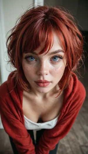 Ultra-photorealistic full body of a beautiful 23-year-old woman with long, messy copper-red hair, wispy bangs, pale skin, delicate freckles across her nose and cheeks, large icy blue eyes, long eyelashes, glossy pink lips slightly parted. Petite, slim figure, wearing a red knitted hoodie over a white low-cut top. Leaning forward toward the camera, intense direct eye contact. High camera angle, moody cinematic lighting, dark blurred background, realistic skin pores, shallow depth of field, 8K.