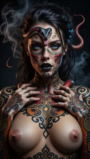The image portrays a surreal and intricate depiction of a beautiful nude woman, (perfect body, perfect tits), whose face and upper body are adorned with an elaborate design of vivid snake-themed tattoos. Her face is seamlessly blended with the tattoos, creating an otherworldly, almost ethereal appearance. The snakes are highly detailed, with their scales rendered in shades of red, orange, and gold, contrasting against a dark, smoky background. One snake’s head is prominently displayed on her forehead, its fangs bared and tongue flicking out. Her piercing, glowing blue eyes create an intense focal point, adding a supernatural vibe. The tattoos extend over her hands and neck, flowing in mesmerizing patterns with ornate, filigree-like designs that integrate the snakes into her skin. Her hair is tousled and dark, blending with the smoky atmosphere, while her black lips and sharp features enhance the gothic and mystical mood.
