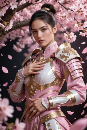 A masterpiece, a medium-shot portrait, with the highest level of detail, depicting a dazzlingly beautiful female warrior, flawless, smooth skin, expressive eyes, she wears exquisite high-fashion armor with elements of samurai armor, in pastel pink and white-and-gold tones, an elegant pose, the heroine stands beneath a blossoming pale-pink cherry blossom tree, surrounded by a whirlwind of petals swirling through the air, a soft, romantic, high-fashion atmosphere, a sublime and atmospheric setting, high resolution, photorealistic studio lighting.