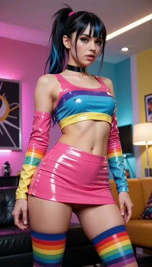 hyper realistic medium full shot framed from the knees upwards of a beautiful young woman with black hair in a high ponytail with blue streaks and bangs, lip piercing, choker, wearing a very colorful latex crop top and short skirt in bright pink, blue, yellow and other vibrant colors, long colorful latex sleeves, rainbow striped thigh-high stockings, glossy skin, standing in a sensual pose with confident seductive expression, brightly colored modern indoor room with vibrant decor and lighting, high detail, 8k