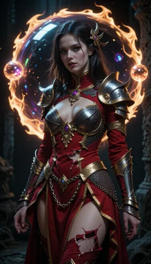 drkfnts style, fantasy mythical very beautiful woman, orb is surrounded by glowing aura like flame, also orb is curved with glowing magical orbs, she is wearing ornate but torn and deformed red dress with golden edges and damaged chainmail armor over dress, dark and eerie atmosphere, chromatic aberration and film grain, dark fantasy
