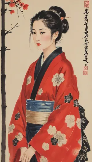 traditional Japanese ukiyo-e woodblock print from the early 19th century, depicting a beautiful Japanese woman, (bijin-ga), wearing an intricate, patterned silk kimono. Flat colors, bold calligraphic black outlines, traditional Edo period hairstyle, delicate facial features, vintage washi paper texture, highly artistic, ukiyo-e masterpiece., baishi, style, of, Qi, Baishi, <lora:baishi_xl_0_-000004:1.4>, <lora:tbh170-sdxl:1.4>