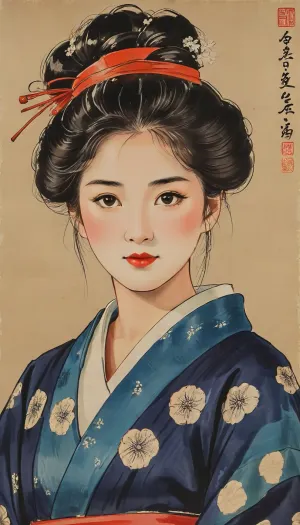 traditional Japanese ukiyo-e woodblock print from the early 19th century, depicting a beautiful Japanese woman, (bijin-ga), wearing an intricate, patterned silk kimono. Flat colors, bold calligraphic black outlines, traditional Edo period hairstyle, delicate facial features, vintage washi paper texture, highly artistic, ukiyo-e masterpiece., style, of, Qi, Baishi, <lora:tbh170-sdxl:1.4>