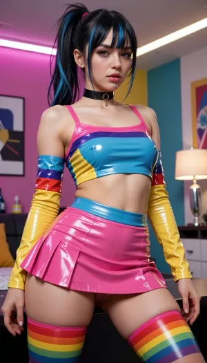 hyper realistic medium full shot framed from the knees upwards of a beautiful young woman with black hair in a high ponytail with blue streaks and bangs, lip piercing, choker, wearing a very colorful latex crop top and short skirt in bright pink, blue, yellow and other vibrant colors, long colorful latex sleeves, rainbow striped thigh-high stockings, glossy skin, standing in a sensual pose with confident seductive expression, brightly colored modern indoor room with vibrant decor and lighting, high detail, 8k