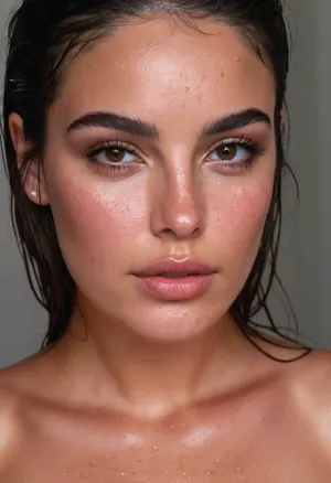 a close up portrait of a woman with wet, dark brown hair strands falling across her face. her skin is glistening and dewy, with subtle freckles across her nose and cheeks. she has full, glossy pink lips slightly parted, hazel eyes looking towards the camera, and dark, defined eyebrows. high intensity flash lighting creates strong highlights on her forehead, nose, and lips, while casting soft shadows. her shoulders are partially visible at the bottom of the frame no, bra, covered, nipples, <lora:nobrav1_SDXL:.8>, <lora:Beautiful_female_model_face_18-30:1.4>