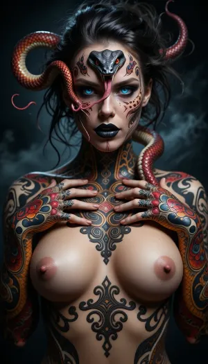 The image portrays a surreal and intricate depiction of a beautiful nude woman, (perfect body, perfect tits), whose face and upper body are adorned with an elaborate design of vivid snake-themed tattoos. Her face is seamlessly blended with the tattoos, creating an otherworldly, almost ethereal appearance. The snakes are highly detailed, with their scales rendered in shades of red, orange, and gold, contrasting against a dark, smoky background. One snake’s head is prominently displayed on her forehead, its fangs bared and tongue flicking out. Her piercing, glowing blue eyes create an intense focal point, adding a supernatural vibe. The tattoos extend over her hands and neck, flowing in mesmerizing patterns with ornate, filigree-like designs that integrate the snakes into her skin. Her hair is tousled and dark, blending with the smoky atmosphere, while her black lips and sharp features enhance the gothic and mystical mood, cowboy shot, thick hips, smooth pussy.