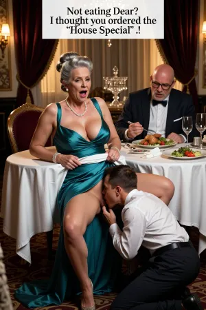 Hyper-realistic cinematic masterpiece, split-level perspective showing simultaneous above-table and under-table action, opulent fine-dining restaurant, warm amber ambient lighting with dramatic chiaroscuro deep shadows. A plus-sized elderly woman with a silver-blonde beehive hairstyle, wearing a low-cut teal evening gown and a string of pearls, expression of wide-eyed shock and pleasure, moaning facial expression, hands gripping a white linen tablecloth tightly. Beside her, a fat bald elderly man in a formal suit and glasses, oblivious, eating chicken and vegetables. An untouched salad on her plate. Below the table, the rear view of a waiter dressed in white shirt and dark trousers and shoes on his knees between the womans open legs . Waiter is kissing her pussy, Waiter is licking the womans hairy pussy, giving cunnilingus. Rich textures, velvet curtains, crystal glassware, highly detailed skin pores, 8k UHD, sharp focus, vivid color palette. At the top of the frame, a clean white text box with the typography, "Not eating Dear?, I thought you ordered the ‘House Special’ . !" Cinematic lighting, shot on 35mm lens, f/2.8, concept art style, high-fashion editorial photography.