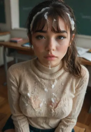 Masterpiece, hd, ultrarealistic, score_9, score_8_up, score_7_up, Pov from the side and above, looking down at a girl sitting at a desk in a classroom, side view, ((very high angle of view)), 18 years old, she's 18 but looks 14, legal age of consent, half asian, she has long straight brown hair, (tight high ponytail), (bangs), (fringe), (her hair is beautiful, clean and shiny), (her hair is covered in cum), (cum in hair:1.4), (lots of cum in her hair), (cum dripping off her chin), cum on sweater, cum on shirt, cum on face, cute, adorable, innocent, (young), tight fitting school uniform, (tight sweater:1.6), (cleavage:1.4), (very skinny), very petite, freckles, (dark eye makeup), (black eyeliner), (dark eye shadow), (black mascara), pink lipgloss, hands together daintily in her lap, sad, angry, (crying:1.4), (tears:1.6), girl, cum, on, face, <lora:MJ52:.8>, <lora:style_lora_realis:2>, <lora:JustCum:2>