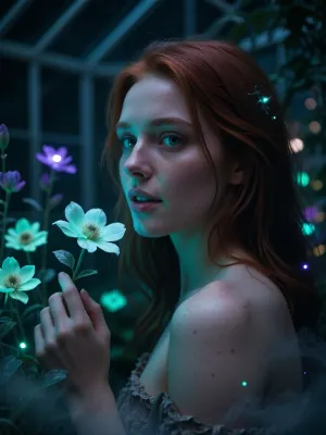 Ultra detailed depiction, extreme close-up composition, sharp focus on her face. A professional cinematic still of a beautiful fantasy redhead woman with pale skin, standing inside a dimly lit greenhouse filled with bioluminescent flowers. Her skin is smooth and cool-toned, with a faint natural sheen. Her eyes are a striking deep green, reflecting the soft glow of the plants around her. Her expression is calm and curious, a gentle smile on her lips as she looks toward one of the glowing flowers near her hand. Her dark hair falls loosely around her shoulders, catching small points of glowing light. Around her, the greenhouse is filled with fantastical flora, glowing flowers in shades of teal, violet, and soft green, casting gentle ambient light through the dim space. Wisps of soft mist drift low along the ground. The overall lighting is dark and moody, lit primarily by the glowing plants themselves, creating dramatic contrast between deep shadow and vivid glowing color. The color palette is dominated by deep blues, teals, and glowing violet accents. Shallow depth of field, soft bokeh background, over-detailed cinematic photography, masterpiece, epic detail, sharp facial details, photorealistic render.
