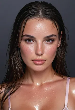 ((full body view)), hot brunette woman with wet, dark brown hair strands falling across her face. her skin is glistening and dewy, with subtle freckles across her nose and cheeks. she has full, glossy pink lips slightly parted, hazel eyes looking towards the camera, and dark, defined eyebrows. high intensity flash lighting creates strong highlights on her forehead, nose, and lips, while casting soft shadows. her pussy is partially visible at the bottom of the frame, no, bra, covered, nipples, <lora:nobrav1_SDXL:.8>, <lora:Beautiful_female_model_face_18-30:1.4>, <lora:hair-over-face-01-000007:1.5>, <lora:Sweaty_Realism_4-000006:1.5>