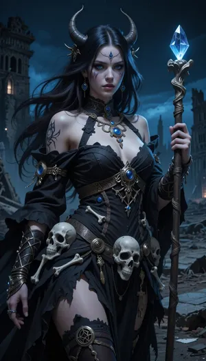 woman, A highly detailed and artistic digital painting of a beautiful necromancer priestess in a post-apocalyptic fantasy style. She has long, flowing dark hair and striking, mystical eyes. Her attire is made of dark, tattered fabrics adorned with bones, skulls, and other necromantic symbols. She wears intricate jewelry with occult designs and holds a staff topped with a glowing crystal. The background is a desolate, ruined landscape that emphasizes her dark beauty and power. Night time, blue tint, dark fantasy.