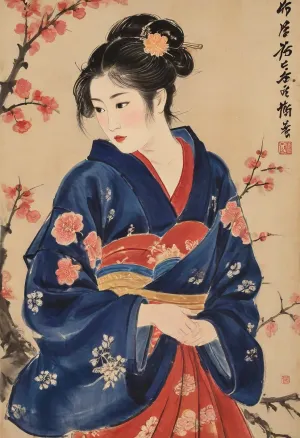 Semi-nude Japanese woman in a sensual pose depicted on a paulownia wood panel in the ukiyo-e style., (Visible texture, vibrant colors, indigo, vermilion, gold, and soft skin tones.), (Half-open kimono with intricate floral patterns and an untied obi.), (Traditional Shimada hairstyle with kanzashi hairpins, serene yet provocative facial expression.), In the background, a landscape of cherry blossoms and waves, using planes of color and sumi brushstrokes in the ukiyo-e style. Lacquer sheen, registration marks, precise details, and an intimate atmosphere. Japanese erotic tradition of ukiyo-e and shunga techniques integrated into authentic wood., Ukiyo-e, Art, baishi, <lora:Ukiyo-e Art:.7>, <lora:Ukiyo-e:.6>, <lora:baishi_xl_0_-000004:.8>, style, of, Qi, Baishi, <lora:tbh170-sdxl:.8>
