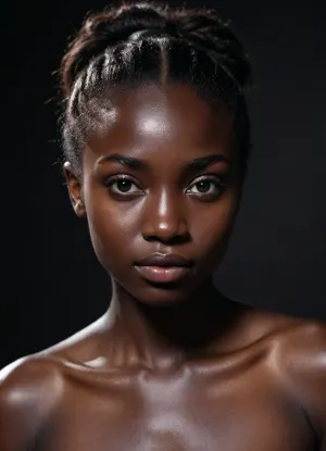 (realistic:1.2), 1girl, looking at viewer, (deep black skin tone:1.4), (ebony skin:1.3), (melanin rich:1.2), shiny skin, studio lighting, high contrast, dark aesthetic
