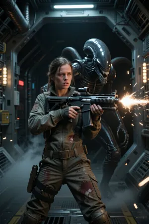 An epic wide-angle cinematic shot, taken from a three-quarter angle, (from the knees upwards), featuring two characters. A brave woman from the film *Alien*, dressed in a dusty jumpsuit, holds a heavy, futuristic pulse rifle in her hands, assuming a defensive combat stance. Behind her, emerging from the dark shadows of the spaceship’s metallic corridor, appears a huge, terrifying Xenomorph creature with a long, shiny, elongated head. The aesthetics of the shot are characterised by industrial retrofuturism, flashing emergency strobe lights, sparks, dark shadows, thick fog, a high-contrast, dynamic composition, and 8K resolution.