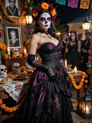 A full-body portrait of a 35-year-old Mexican Latina woman, tall and curvy, standing confidently at a vibrant Día de los Muertos street party at night Her elegant Catrina skull makeup covers her face in porcelain-white paint, with intricate charcoal-black eye sockets, deep dark-red accents, delicate skeletal detailing, and striking high-contrast crimson lipstick, her expressive eyes remain sharply focused and luminous. Burnt-orange marigolds and abundant dark-red flowers crown her dark hair. She wears a dramatic, fitted black-and-lila gown with richly embroidered floral motifs, layered flowing skirts, finely rendered lace, and long fitted gloves, blending traditional celebration attire with sophisticated gothic glamour. her poised stance and composed, alluring expression conveying quiet confidence. Behind her, a wooden altar covered with embroidered cloth, abundant vivid-orange marigolds, glowing candles, decorated sugar skulls, framed black-and-white portraits older peoples, and their lovingly prepared favorite foods, marigold garlands, papel picado, and distant revelers create a festive yet haunting setting. party people in the background with flowers crown and Día de los Muertos skull makeup, Cinematic full-body composition, slightly low camera angle, shallow depth of field, crisp focus on her face and detailed natural skin texture with visible pores. Warm candlelight and festival lanterns contrast with cool midnight shadows, realistic color, subtle film grain, ray-traced highlights, refined chiaroscuro, high-detail fabric rendering, photorealistic, masterpiece